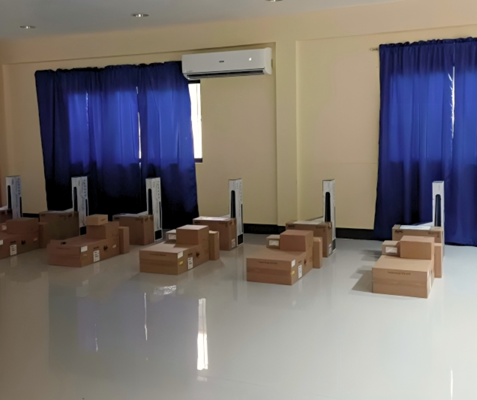 ICT and video-conferencing equipment lined up and ready for tagging.